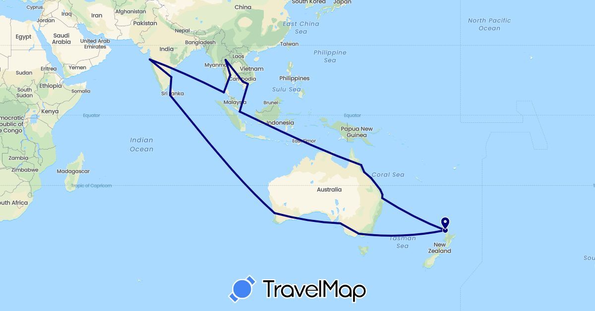 TravelMap itinerary: driving in Australia, India, Cambodia, Sri Lanka, New Zealand, Singapore, Thailand, Vietnam (Asia, Oceania)